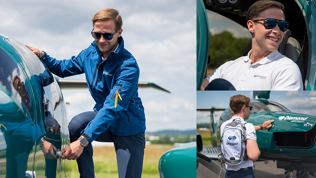 The pilot, dressed in Diamond branded shirt, jacket and backpack, smiles while preparing to enter the cockpit of a modern DA62 aircraft.