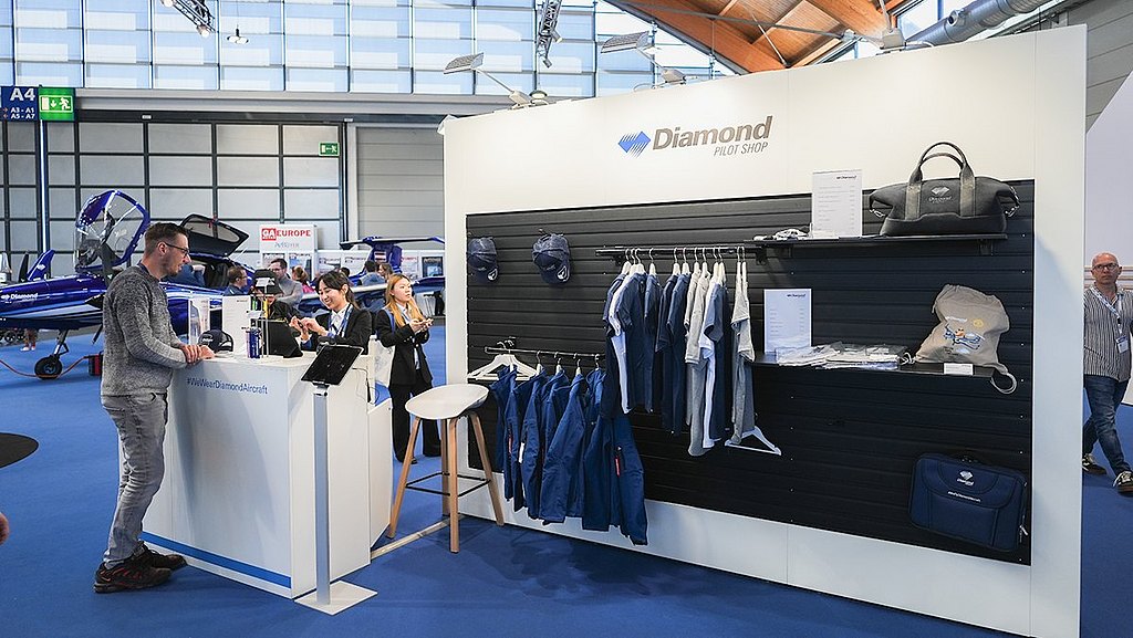 A busy pilot shop display features clothing and accessories, with a customer interacting with staff in a vibrant setting.